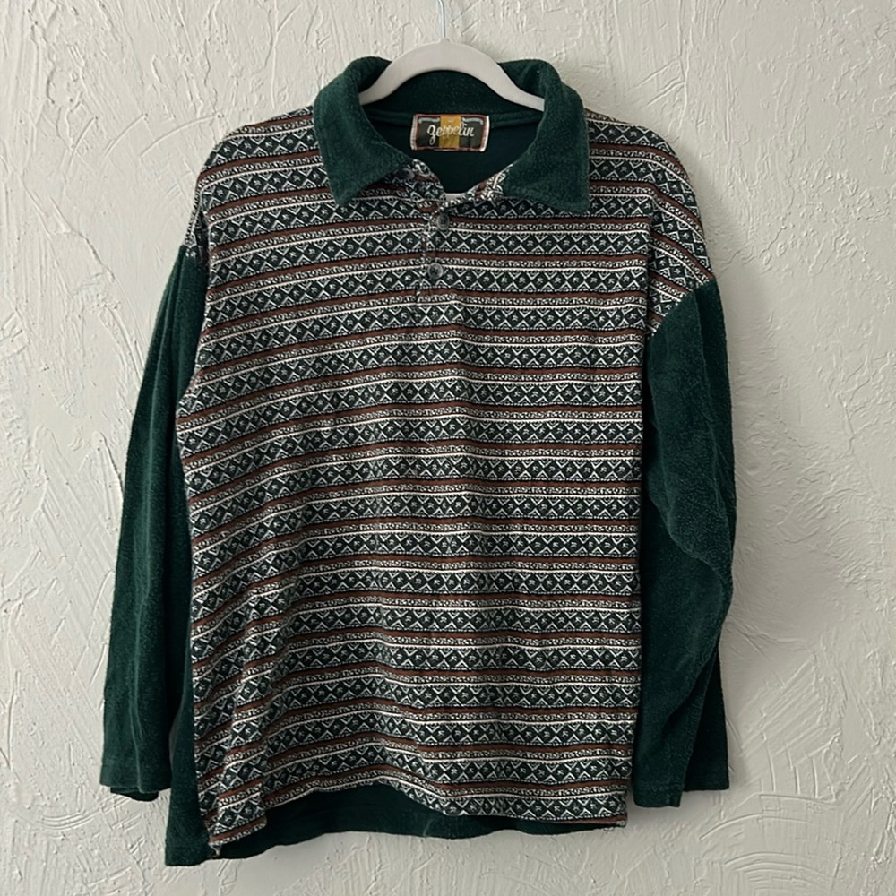 Long sleeve color block western tribal pattern collared quarter button down
